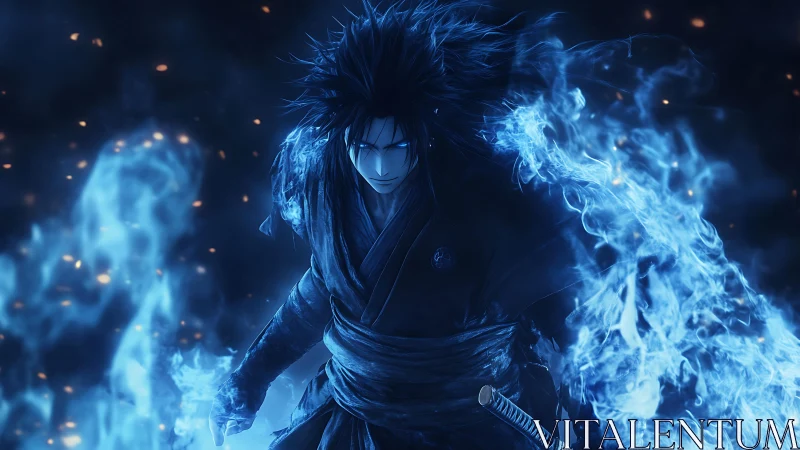 Blue flame warrior with sword in dark atmospheric scene.