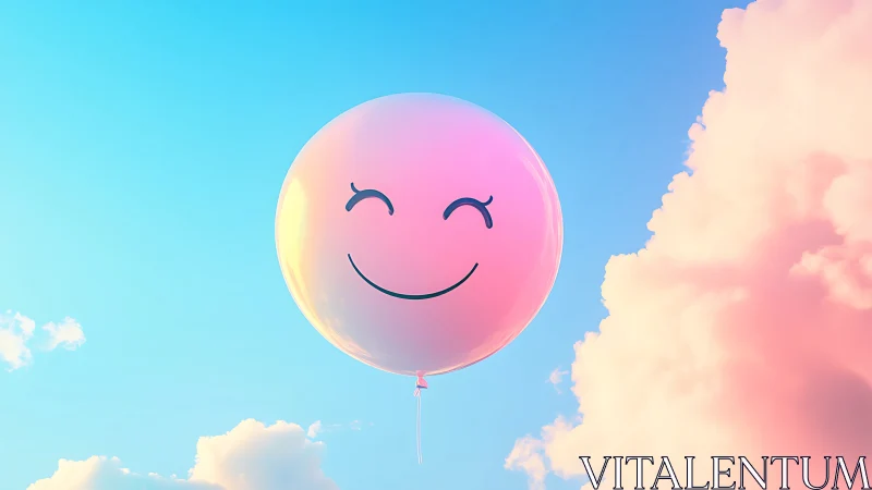 Smiling pastel gradient balloon against blue sky and clouds