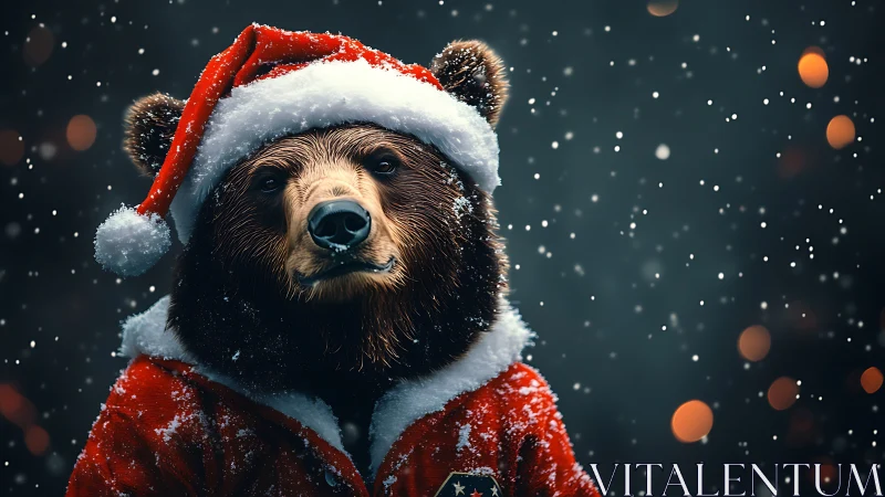 Santa-clad winter bear greeting swirling holiday snowflakes.