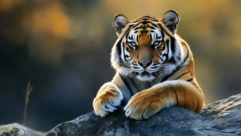 Tiger rests on rock with direct gaze in soft evening light