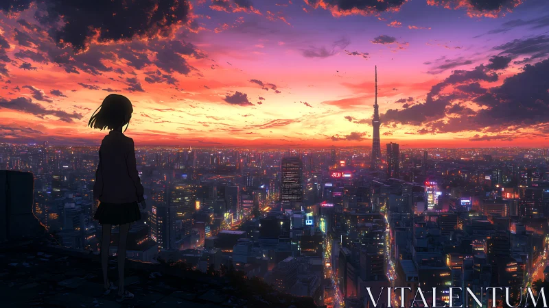 Silhouetted figure observes illuminated high rise city at dusk