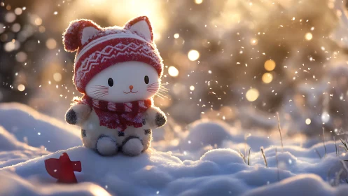 Stylized white cat figurine wearing red knit winter hat in snowy scene