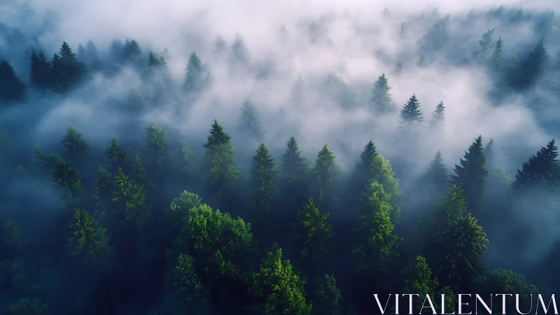Misty Forest Landscape. Evergreen Trees Shrouded in Dense Fog.