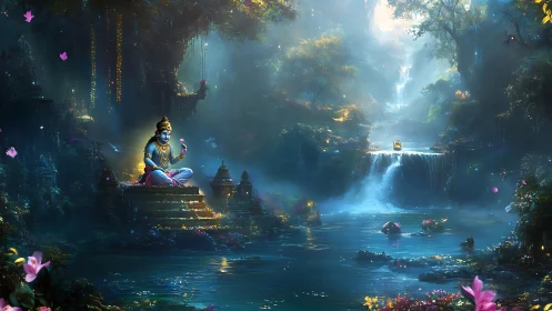 Mystic blue deity meditates beside luminous jungle waterfall.