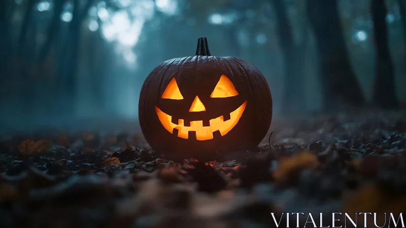 Illuminated carved pumpkin sits on forest floor at dusk