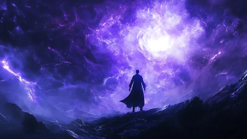 Lone figure confronting radiant cosmic vortex in violet storm.