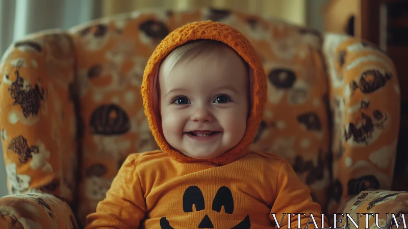 Smiling Baby in Autumn Themed Clothing on Patterned Chair.