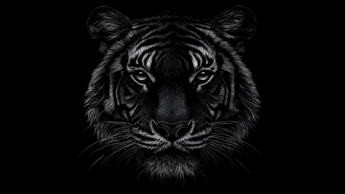 Monochrome tiger portrait with high-contrast rim lighting.