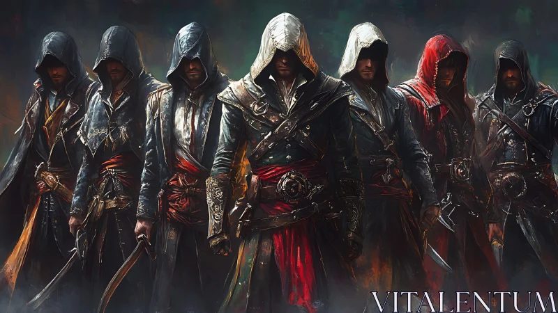 Hooded warriors stand united in a dramatic heroic lineup.