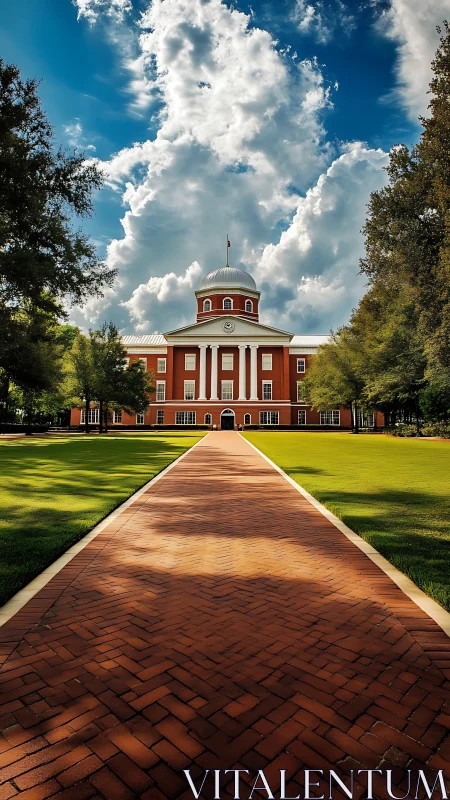 Symmetrical campus dome with axial brick promenade perspective.