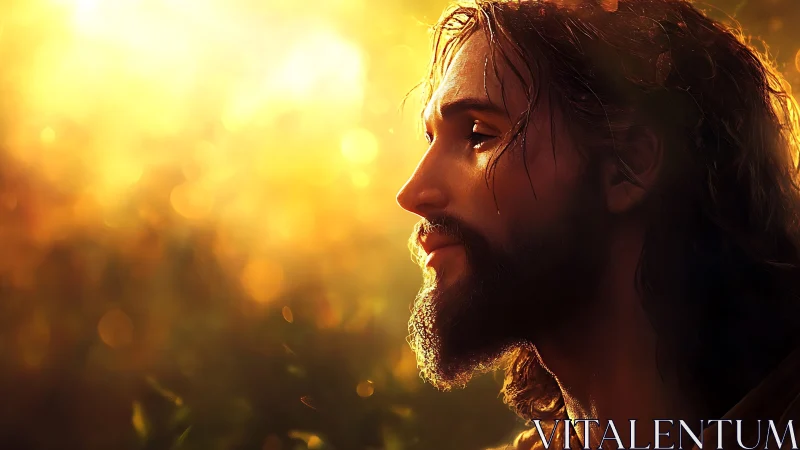 Gentle bearded figure glowing softly in golden evening light.