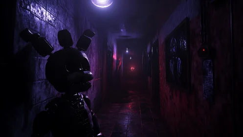 Sinister animatronic haunts dim neon corridor at night