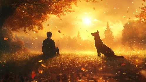 Backlit silhouettes of boy and dog in glowing autumn meadow