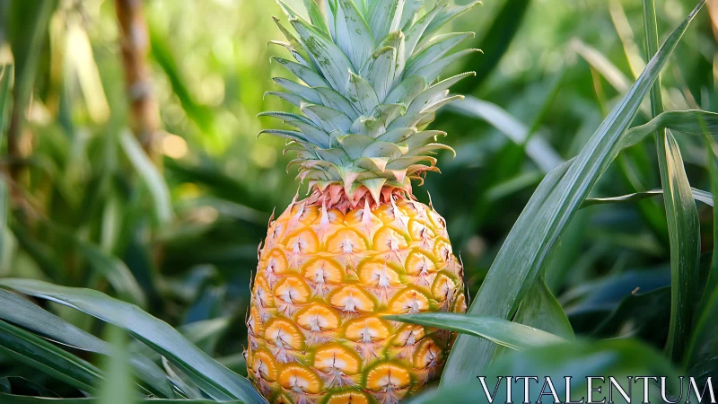 Ripe pineapple grows among elongated green foliage