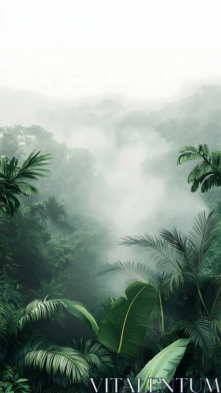Misty rainforest valley with tropical palm vegetation.