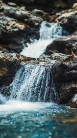 Cascading mountain stream over wet rocks in soft focus.
