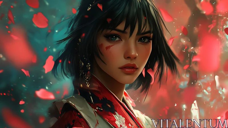 Warrior maiden portrait amid swirling red petals.