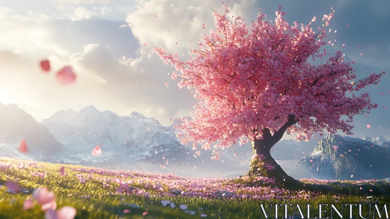 Blossom-laden dream tree whispers spring into the mountains
