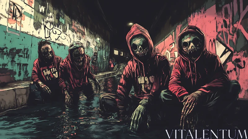 Hooded skeletal gang crouches in flooded graffiti tunnel at night