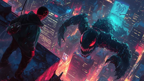 Neon-soaked rooftop standoff with monstrous symbiote predator.