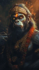 Mythic warrior ape deity in flaming ceremonial regalia.