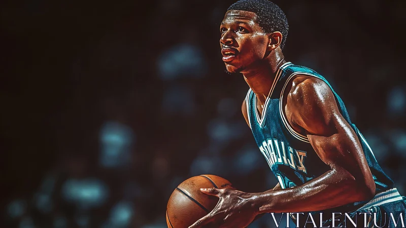 Focused basketball player prepares to shoot under arena lights.