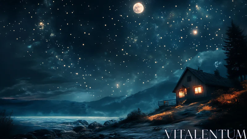 Cozy lakeside cabin glows beneath a vast, starry night sky