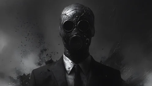 Masked figure in suit with cracked helmet and dark smoke backdrop.