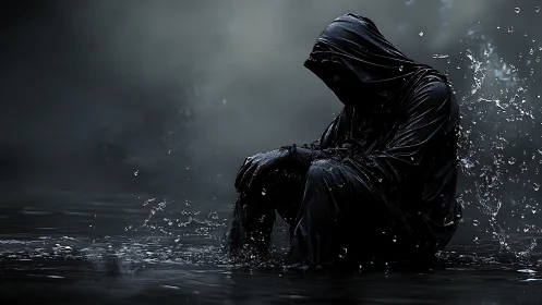 Hooded figure sits in dark water as splashes rise sharply