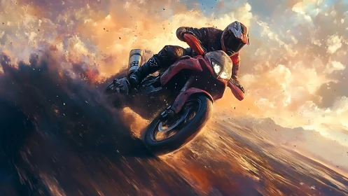 Motorcyclist carves through blazing clouds at high speed.