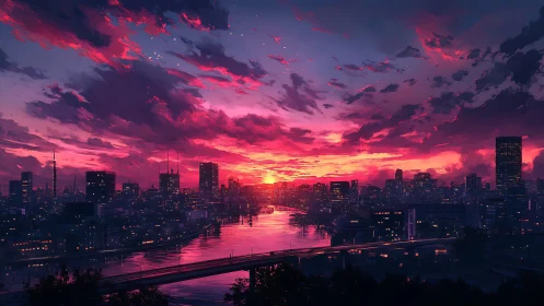 Dense riverside city skyline under vivid red sunset sky.