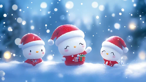 Snow characters in red Santa outfits on winter landscape.