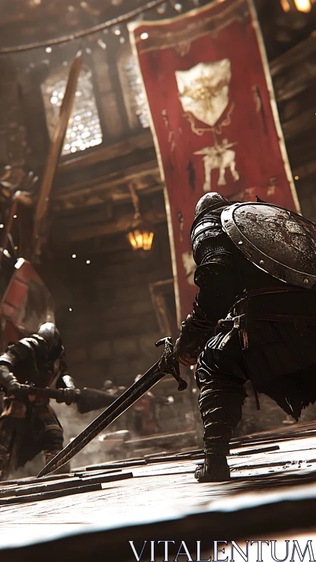 Armored duel in smoky medieval arena with dynamic lighting.