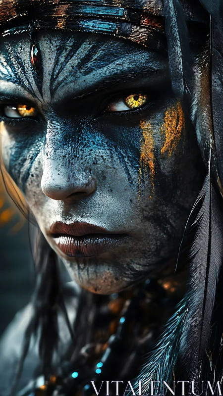 Warrior gaze wrapped in paint, feathers, and ember light.
