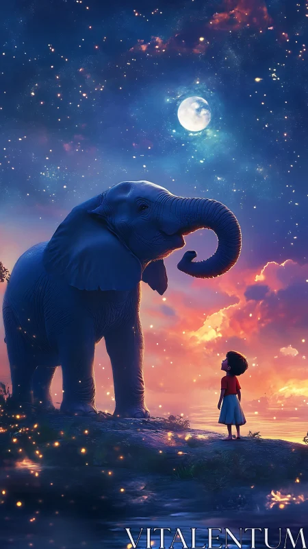 Child and elephant under moonlit sky at glowing shoreline.