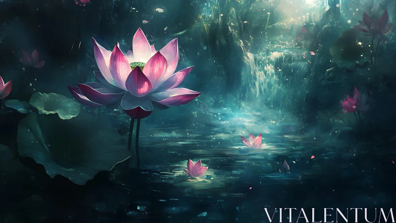 Luminous lotus blooms glow over misty enchanted waterfall pool