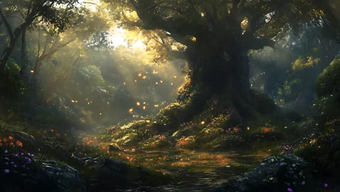 Enchanted Forest Path Glowing with Magical Light