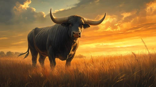 Sunlit bull standing in glowing golden prairie at dusk.
