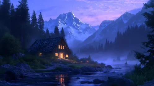 Cozy riverside cabin glows beneath misty twilight peaks.