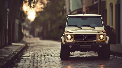 Photorealistic Mercedes G-Class on wet cobblestone street.