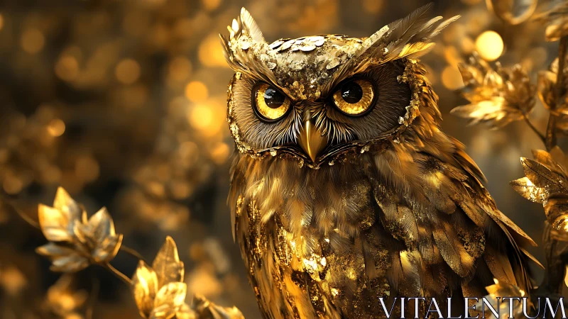 Golden owl portrait with detailed metallic plumage backdrop.