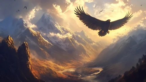 Majestic Eagle Soaring Over Dramatic Mountain Landscape at Sunrise.