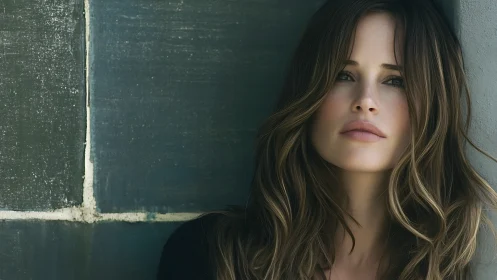 Quiet gaze against weathered wall in soft urban light.