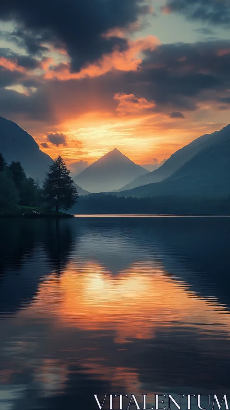 Mountain lake sunset reflects vivid clouds on calm water