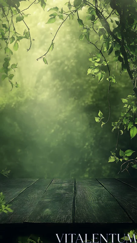 Wooden platform overlooks misty forest canopy with hanging vines.