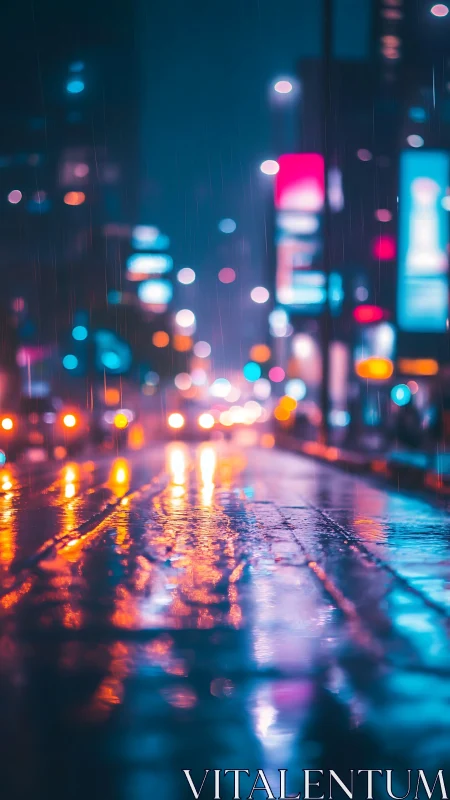 Rainy neon city street with blurred night traffic lights.