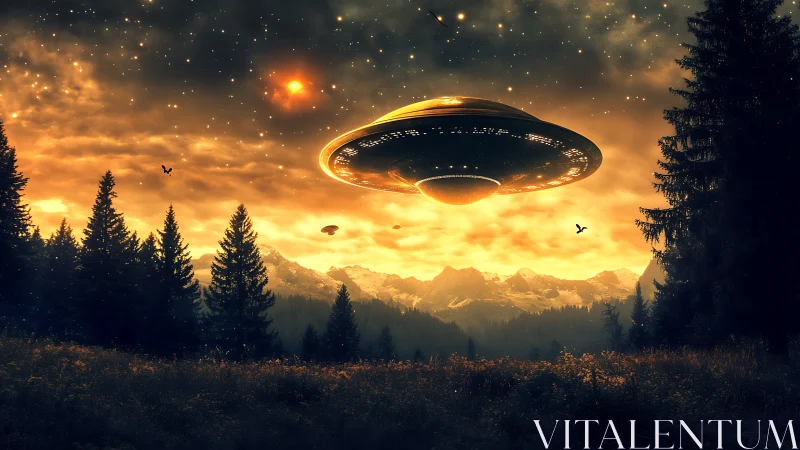 Circular spacecraft over conifer forest at sunset sky period.