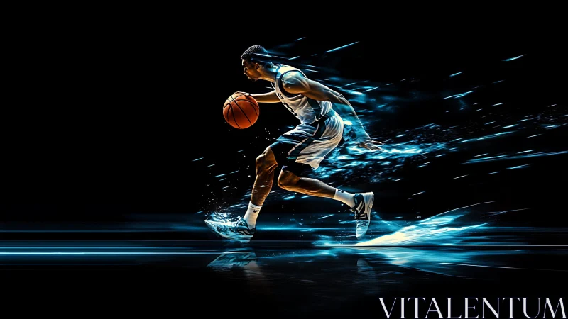 Dynamic basketball sprint with neon motion trails on black.