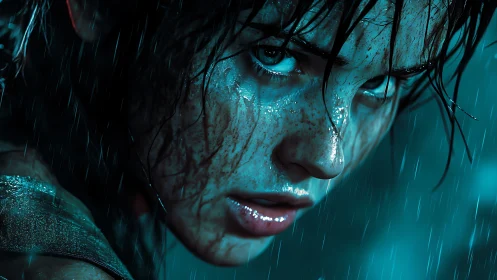 Rain-soaked warrior’s cinematic close-up captures feral resolve