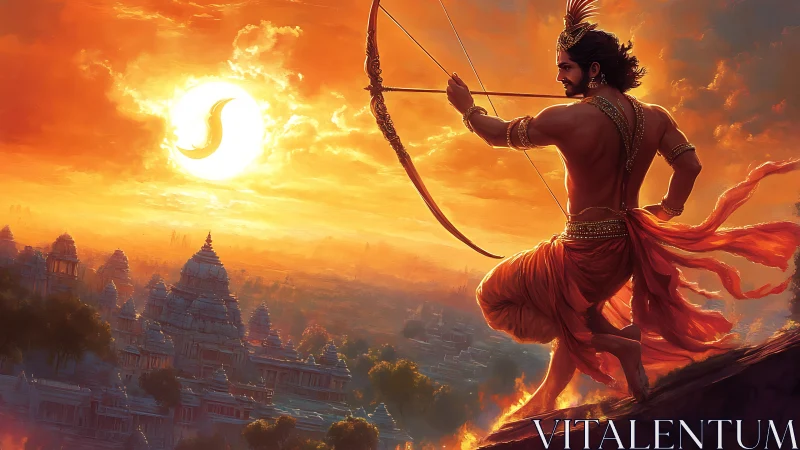 Warrior archer draws bow against burning temple city sunset